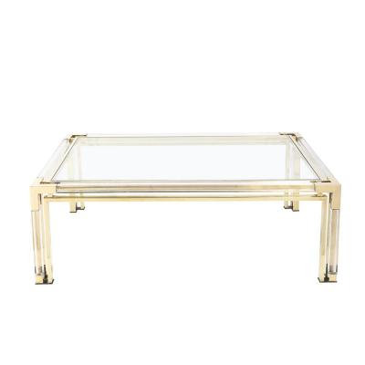 Maison Jansen Mid Century Rectilinear Brass Lucite Glass Top Cocktail Table by Maison Jansen