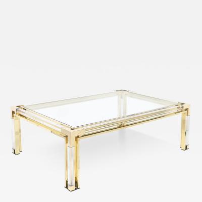 Maison Jansen Mid Century Rectilinear Brass Lucite Glass Top Cocktail Table by Maison Jansen