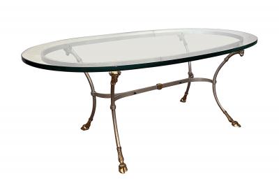 Maison Jansen Neoclassical Style Hollywood Regency Brushed Steel Brass Oval Coffee Table