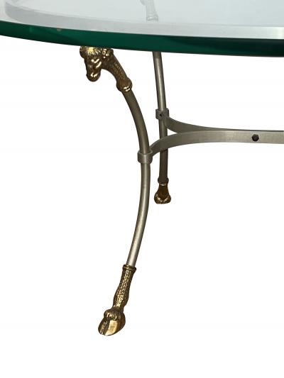 Maison Jansen Neoclassical Style Hollywood Regency Brushed Steel Brass Oval Coffee Table