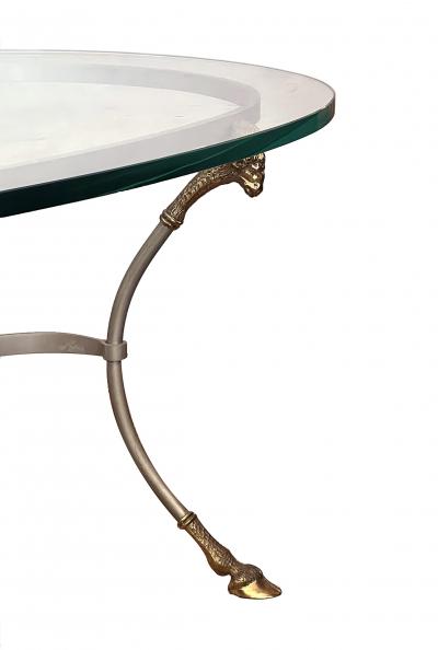 Maison Jansen Neoclassical Style Hollywood Regency Brushed Steel Brass Oval Coffee Table