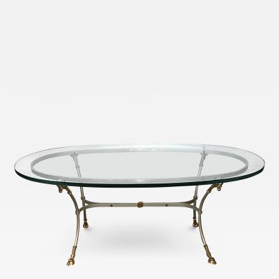 Maison Jansen Neoclassical Style Hollywood Regency Brushed Steel Brass Oval Coffee Table