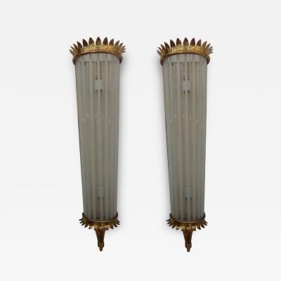 Maison Jansen Outstanding Large Pair of French Art Deco Brass and Glass Sconces