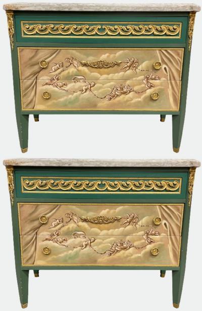 Maison Jansen Paint Decorated Hollywood Regency Marble Top Commodes Manner of M Jansen Pair