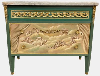 Maison Jansen Paint Decorated Hollywood Regency Marble Top Commodes Manner of M Jansen Pair