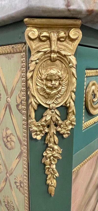 Maison Jansen Paint Decorated Hollywood Regency Marble Top Commodes Manner of M Jansen Pair