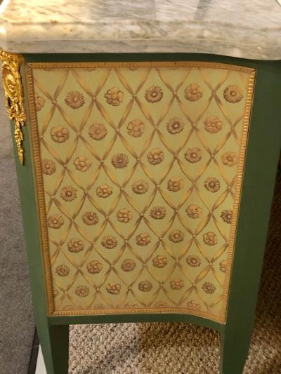 Maison Jansen Paint Decorated Hollywood Regency Marble Top Commodes Manner of M Jansen Pair