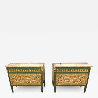 Maison Jansen Paint Decorated Hollywood Regency Marble Top Commodes Manner of M Jansen Pair