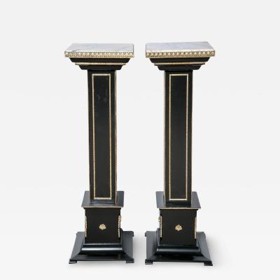 Maison Jansen Pair Bronze Mounted Ebonized Pedestals by Maison Jansen With White Marble Tops