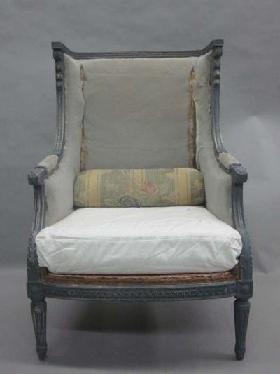 Maison Jansen Pair French Shabby Chic Louis XVI Wingback Lounge Chairs Attr Maison Jansen