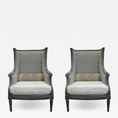 Maison Jansen Pair French Shabby Chic Louis XVI Wingback Lounge Chairs Attr Maison Jansen