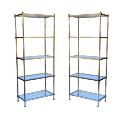 Maison Jansen Pair Hollywood Regency Italian Brass Chrome Shelves or Etageres Maison Jansen