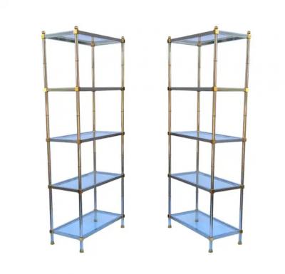 Maison Jansen Pair Hollywood Regency Italian Brass Chrome Shelves or Etageres Maison Jansen