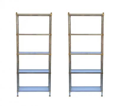 Maison Jansen Pair Hollywood Regency Italian Brass Chrome Shelves or Etageres Maison Jansen