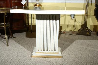 Maison Jansen Pair Maison Jansen Painted and Eglomise Emerald Green Glass Top Console Tables