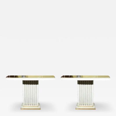 Maison Jansen Pair Maison Jansen Painted and Eglomise Emerald Green Glass Top Console Tables