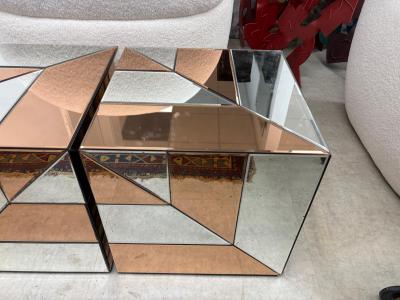 Maison Jansen Pair Of French Modern Mirrored Cube Tables