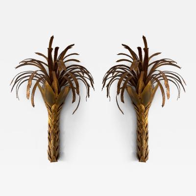 Maison Jansen Pair of Brass Palm Tree Sconces by Maison Jansen France 1970s