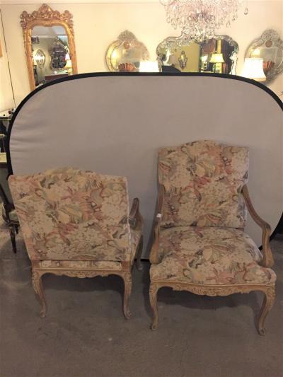 Maison Jansen Pair of Distressed Finely Carved Louis XV Style Fauteuils Manner Jansen