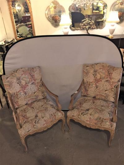 Maison Jansen Pair of Distressed Finely Carved Louis XV Style Fauteuils Manner Jansen