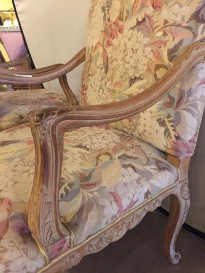 Maison Jansen Pair of Distressed Finely Carved Louis XV Style Fauteuils Manner Jansen