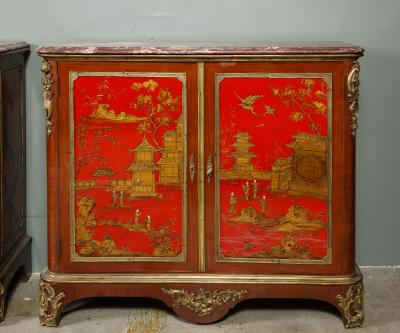 Maison Jansen Pair of French 1940s Transitional Style Red Chinoiserie Cabinets