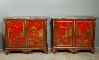 Maison Jansen Pair of French 1940s Transitional Style Red Chinoiserie Cabinets
