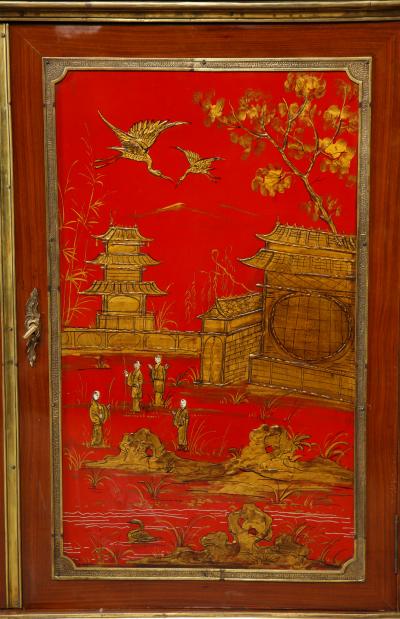 Maison Jansen Pair of French 1940s Transitional Style Red Chinoiserie Cabinets