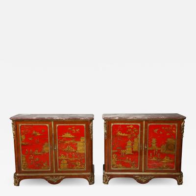 Maison Jansen Pair of French 1940s Transitional Style Red Chinoiserie Cabinets