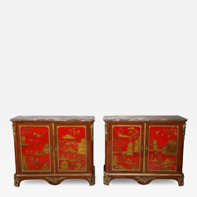 Maison Jansen Pair of French Louis XVI Style Red Chinoiserie Cabinets Attrb Maison Jansen