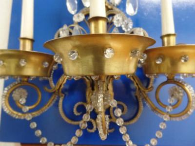 Maison Jansen Pair of French Modern Neoclassical Brass and Crystal Sconces by Maison Jansen