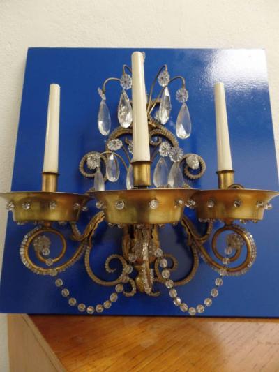 Maison Jansen Pair of French Modern Neoclassical Brass and Crystal Sconces by Maison Jansen