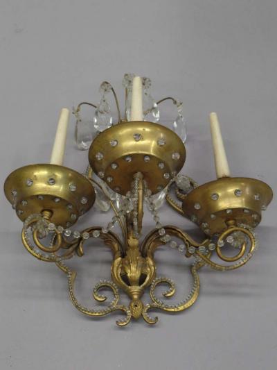 Maison Jansen Pair of French Modern Neoclassical Brass and Crystal Sconces by Maison Jansen
