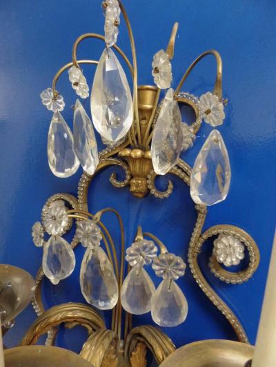 Maison Jansen Pair of French Modern Neoclassical Brass and Crystal Sconces by Maison Jansen