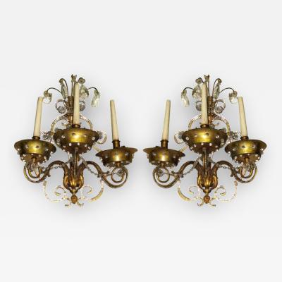Maison Jansen Pair of French Modern Neoclassical Brass and Crystal Sconces by Maison Jansen