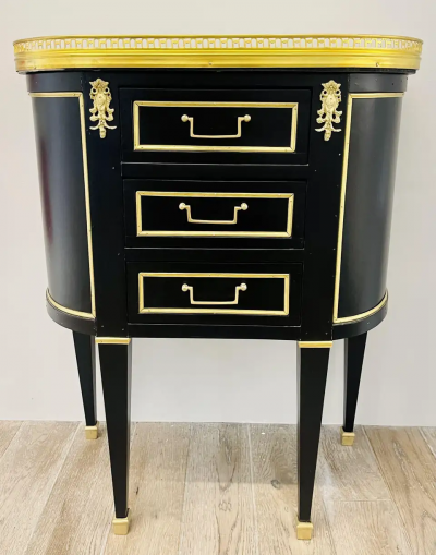 Maison Jansen Pair of Jansen Inspired Marble Top Galleried Ebonized End Tables Nightstands