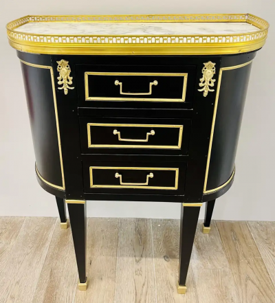 Maison Jansen Pair of Jansen Inspired Marble Top Galleried Ebonized End Tables Nightstands