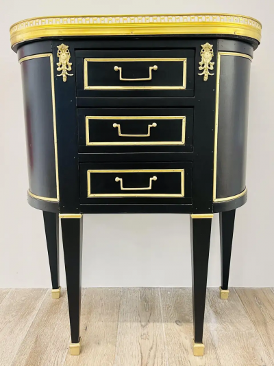 Maison Jansen Pair of Jansen Inspired Marble Top Galleried Ebonized End Tables Nightstands