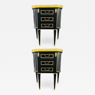 Maison Jansen Pair of Jansen Inspired Marble Top Galleried Ebonized End Tables Nightstands