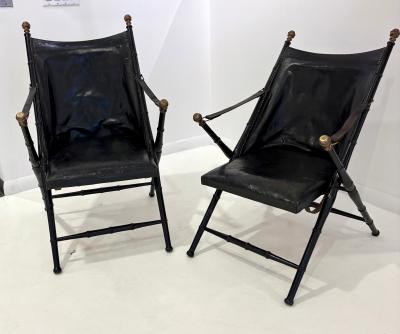 Maison Jansen Pair of Leather and Ebonized Pear Wood Folding Chairs by Maison Jansen