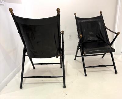 Maison Jansen Pair of Leather and Ebonized Pear Wood Folding Chairs by Maison Jansen