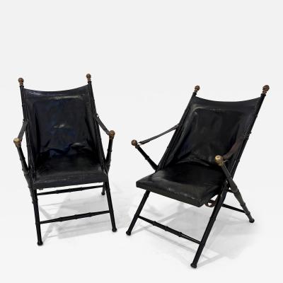 Maison Jansen Pair of Leather and Ebonized Pear Wood Folding Chairs by Maison Jansen
