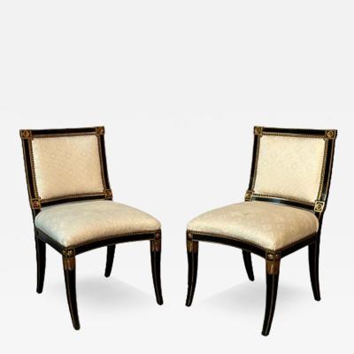 Maison Jansen Pair of Louis XVI Maison Jansen Style Dining Side Chairs Ebony and Giltwood