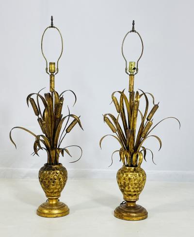 Maison Jansen Pair of Maison Jansen Style Gilt Metal Lamps with Cattail Motif France 1950s
