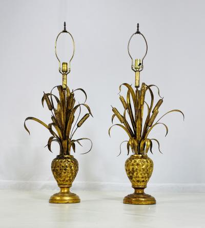 Maison Jansen Pair of Maison Jansen Style Gilt Metal Lamps with Cattail Motif France 1950s