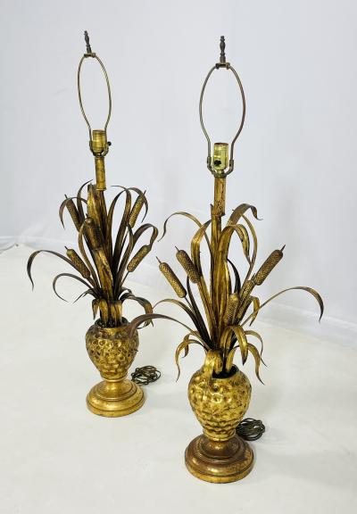 Maison Jansen Pair of Maison Jansen Style Gilt Metal Lamps with Cattail Motif France 1950s