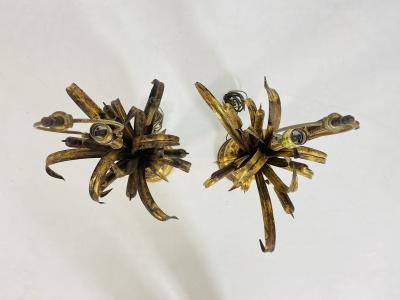 Maison Jansen Pair of Maison Jansen Style Gilt Metal Lamps with Cattail Motif France 1950s