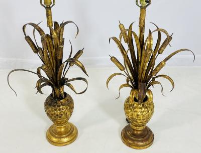 Maison Jansen Pair of Maison Jansen Style Gilt Metal Lamps with Cattail Motif France 1950s