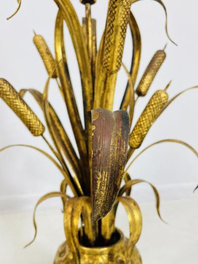 Maison Jansen Pair of Maison Jansen Style Gilt Metal Lamps with Cattail Motif France 1950s