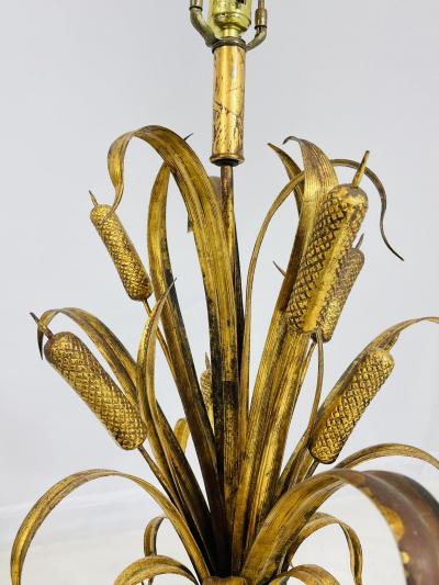 Maison Jansen Pair of Maison Jansen Style Gilt Metal Lamps with Cattail Motif France 1950s